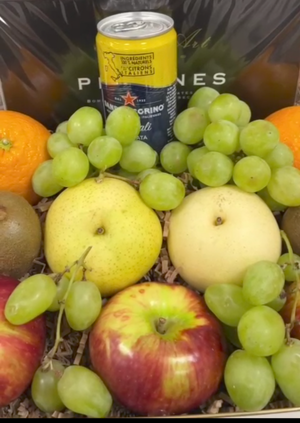 Fresh & Fruity Gift Basket with Sparkling Refreshment and Chocolates